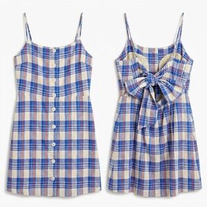 GAP Linen Blend Plaid Mini Sundress Blue Tie Back Button Front Womens Medium